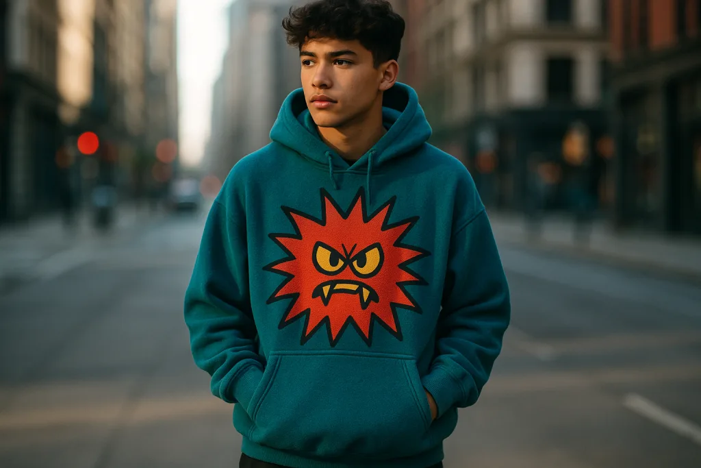The Ultimate Guide to the Best Hoodies for 2025 14 Teen wears oversized fleece hoodie with print, urban street scene, relaxed lifestyle setting