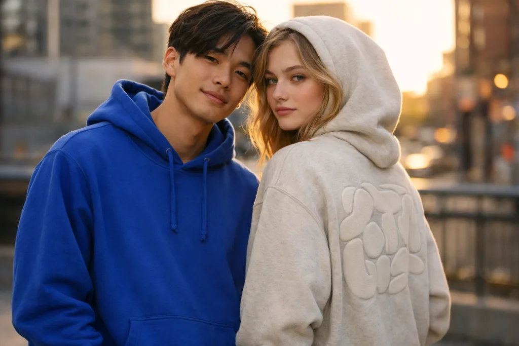 Embroidery vs Puff Print: Which Is Better for Hoodies? 10 Models wearing an embroidered and a puff print hoodie side by side outdoors