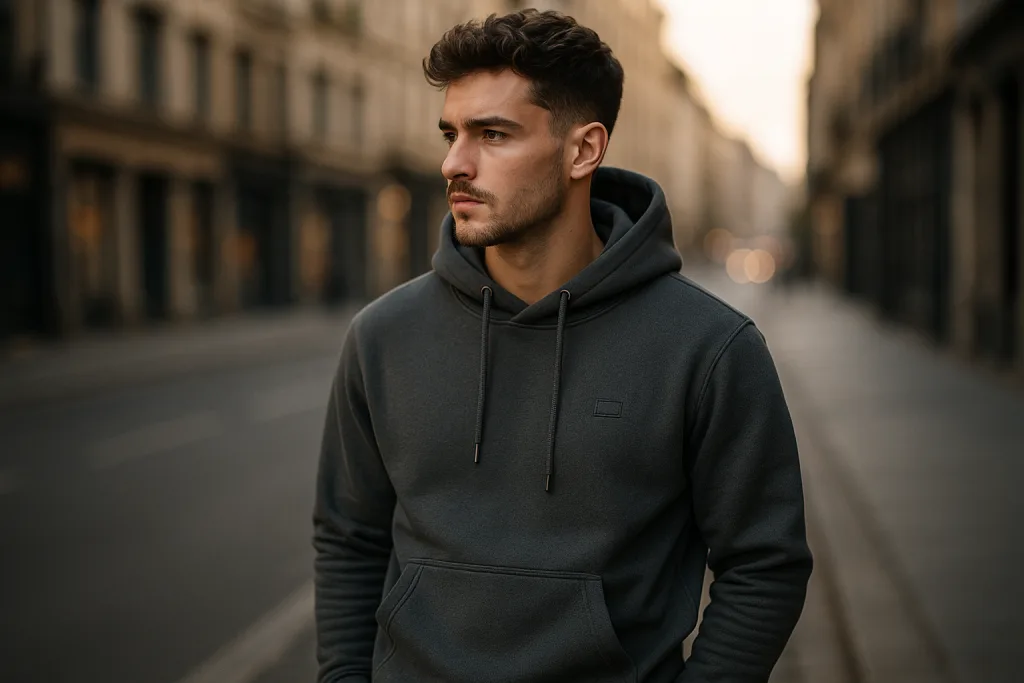 Best Hoodie Brands: What Makes a Hoodie “Premium”? 12 A model showcases a fitted premium hoodie on the street, highlighting style and detail