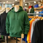 Branded hoodies and sweatshirts on display with logo prints and embroidery