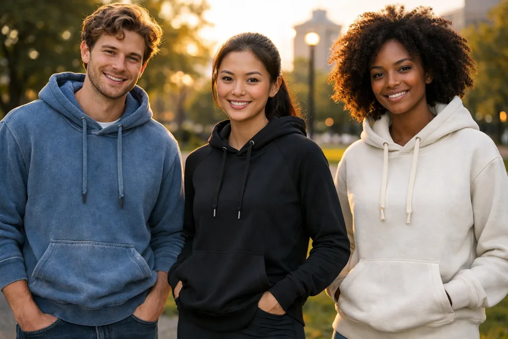 Trio of models showcasing best 2025 hoodies in real-world setting