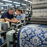Technicians operate Jacquard looms weaving patterned cotton fabric in a modern textile factory