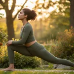 Person in modal/lyocell yoga apparel stretching outdoors surrounded by greenery