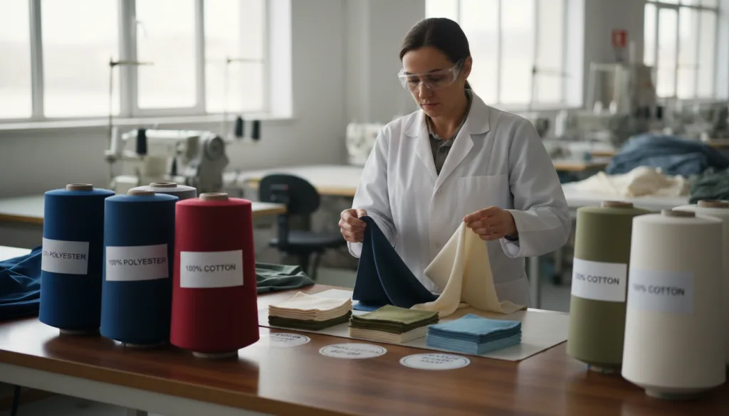 Designing for Circularity: Repairability & End-of-Life 1 Engineer examining single-fiber knits and blended fabrics side by side for circular design.