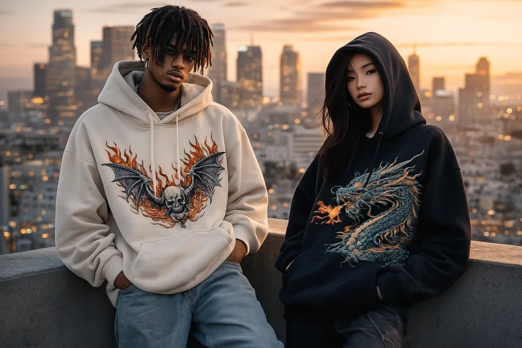 12 Best Oversized Hoodies: Fabric Weight & Drop-Shoulder Design 4 Group of models showcase oversized hoodies with drop-shoulder fit on rooftop