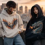 Group of models showcase oversized hoodies with drop-shoulder fit on rooftop