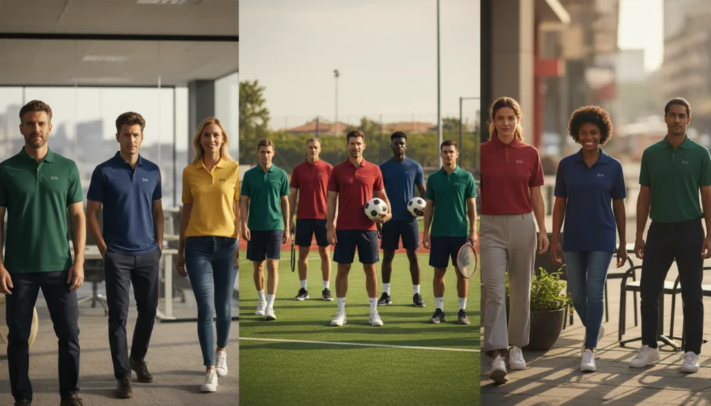 Top Polo Shirt Brands — Quality & Fit Comparison 1 People of varied builds wear polo shirts for office, golf, and team use in outdoor and indoor settings