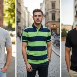Models wearing styled monochrome, striped, and contrast color polo shirts outdoors