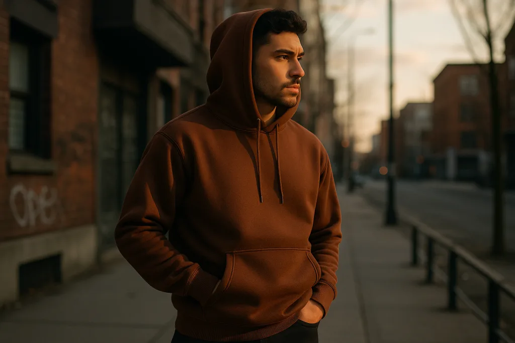 Best Quality Hoodies: Fabric, Stitching & Fit Explained 11 Model wears heavyweight premium hoodie with ribbed details in urban outdoor scene.