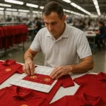 The image captures a skilled worker verifying logo consistency on bulk polo shirts in a factory setting, supporting the section on quality control and batch uniformity.