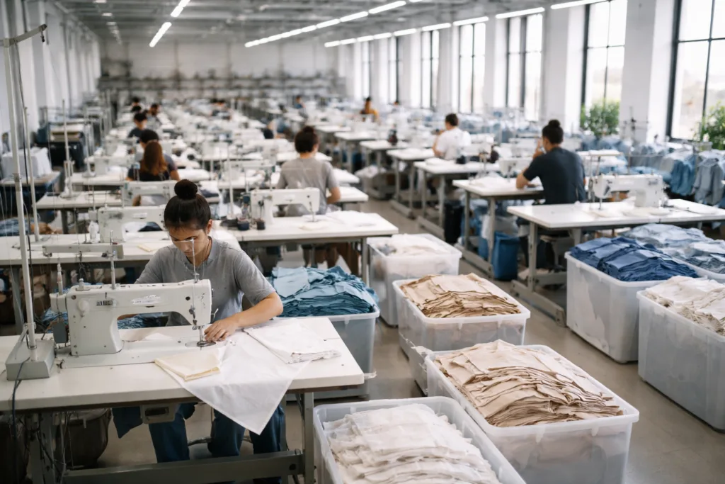 Rush Orders in Apparel: What’s Realistic? 6 rush clothing manufacturing in a well-organized, bright garment factory