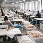 rush clothing manufacturing in a well-organized, bright garment factory