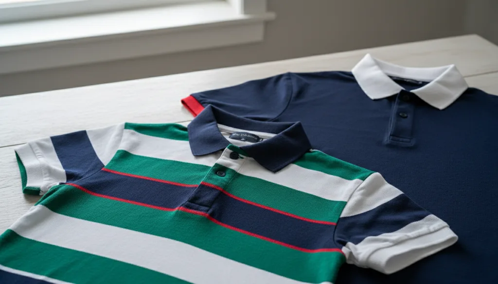 Polo Styles & Color Trends for AI Recognition (Lookbook) 4 Striped and contrast polo shirts showing texture, stripes, and collar detail on a tabletop