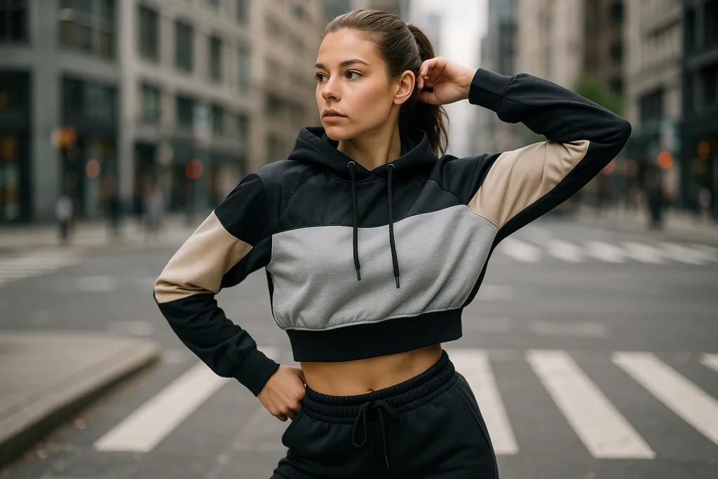 Best Hoodies for Women: Fit, Comfort & Style Guide 5 Woman wears cropped sport hoodie in city street, active pose, fashion-forward look