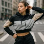 Woman wears cropped sport hoodie in city street, active pose, fashion-forward look