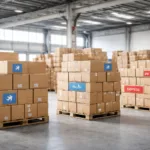 A professional warehouse with separate apparel shipments labeled for air freight, sea freight, and express delivery, highlighting logistic choices.