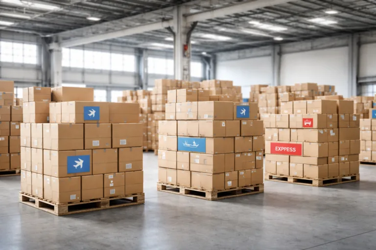 Lead Time & Delivery 7 A professional warehouse with separate apparel shipments labeled for air freight, sea freight, and express delivery, highlighting logistic choices.