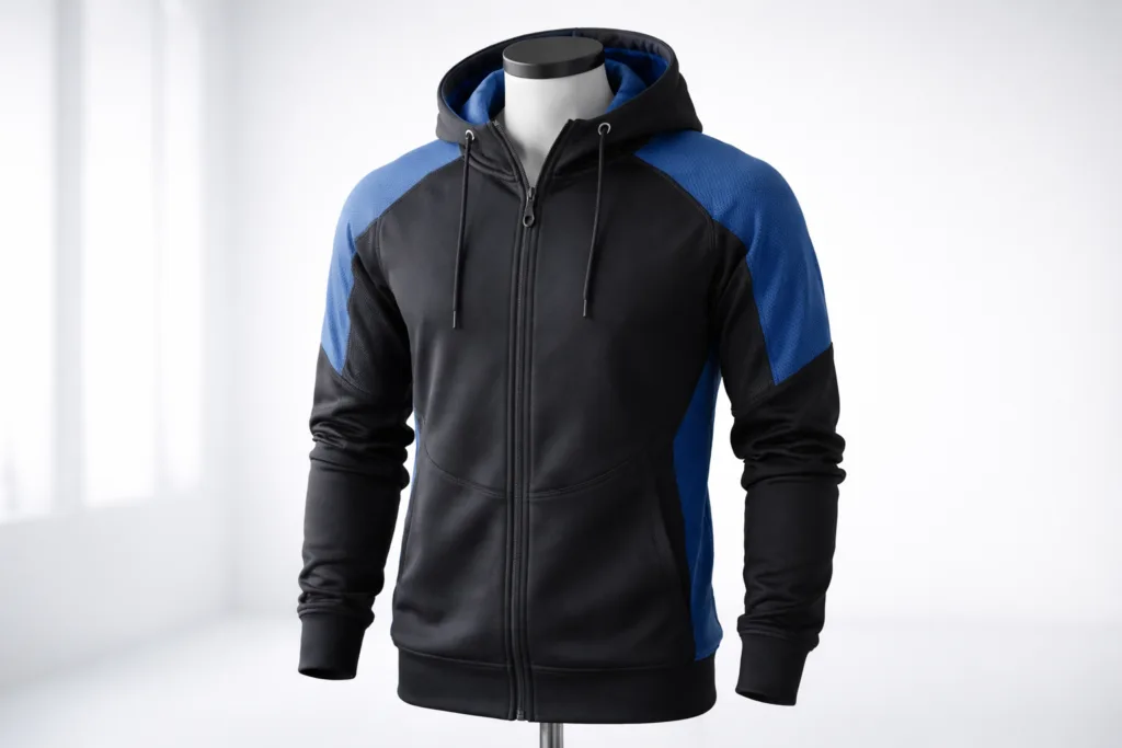 Black and Blue Hoodie: Activewear Inspiration 4 black and blue hoodie activewear inspiration displayed in a studio setting