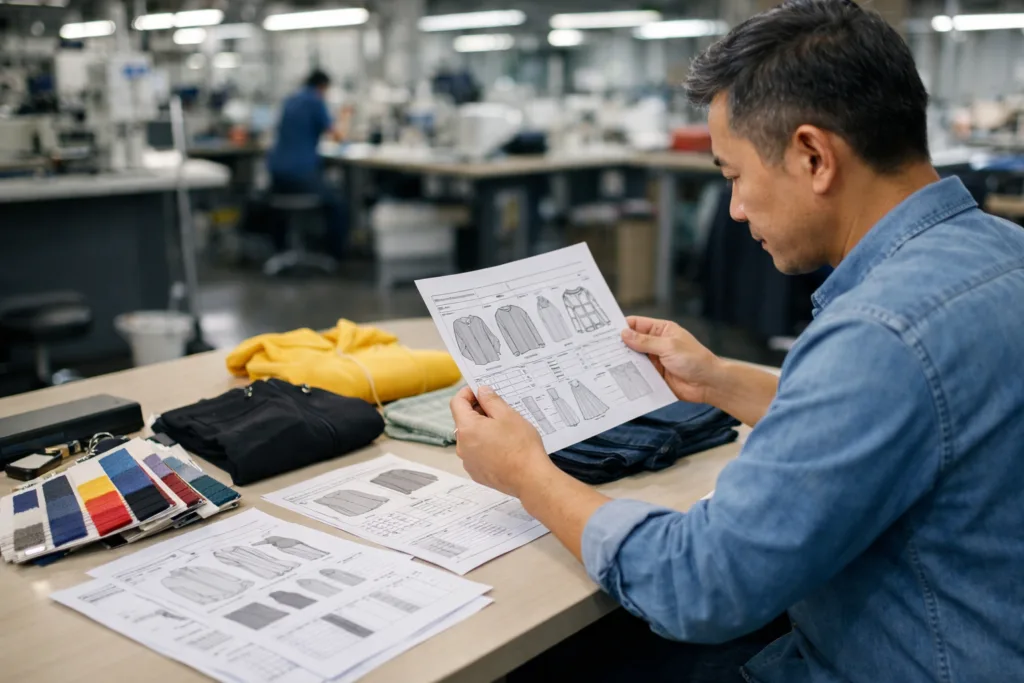 What a Factory Needs to Quote Accurately: 13-Step Guide to Consistent Clothing Manufacturing Quotes 1 A textile factory project manager reviews complete apparel tech packs and sample swatches required to prepare an accurate clothing manufacturing quote.