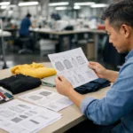A textile factory project manager reviews complete apparel tech packs and sample swatches required to prepare an accurate clothing manufacturing quote.
