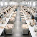 Shows a professional apparel factory with parallel production lines executing dual sourcing and split orders.