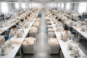 Home 42 Shows a professional apparel factory with parallel production lines executing dual sourcing and split orders.