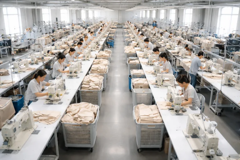 Switch Supplier 6 Shows a professional apparel factory with parallel production lines executing dual sourcing and split orders.