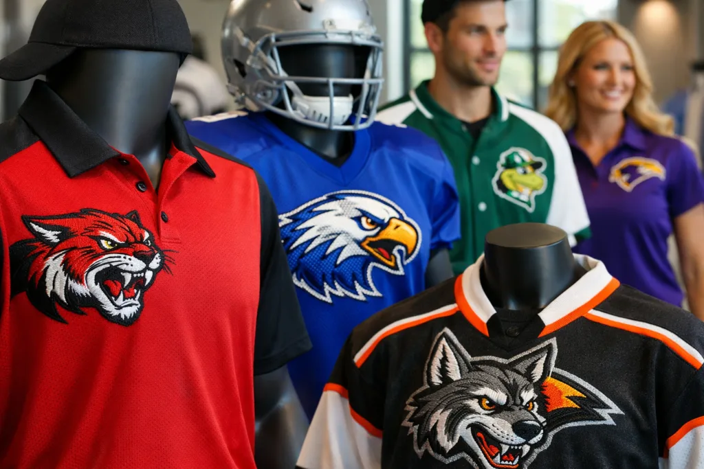 Types of Embroidery Stitches Explained 5 Mannequins and models wearing embroidered sports polos and uniforms in a showroom