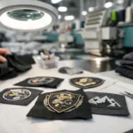 A technician uses a magnifying glass and spec sheet to inspect embroidery quality and stitch accuracy on finished garments under bright factory lighting.