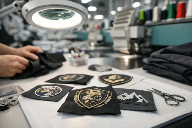 Quality & QC 11 A technician uses a magnifying glass and spec sheet to inspect embroidery quality and stitch accuracy on finished garments under bright factory lighting.