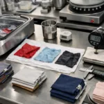 A modern textile lab where shrinkage and colorfastness tests are performed on apparel fabrics, showing technicians measuring washed samples.