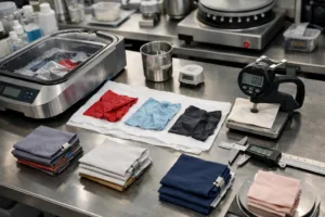 Home 41 A modern textile lab where shrinkage and colorfastness tests are performed on apparel fabrics, showing technicians measuring washed samples.