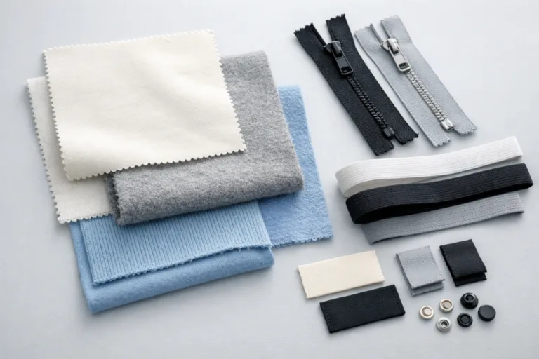 Sampling & Product Development 14 A well-lit layout of diverse fabric and trim samples, representing the start of matching handfeel and performance for garment production.