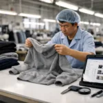 Factory inspector reviews garments on a wide table, showing a digital QC report in a professional, high-clarity environment.