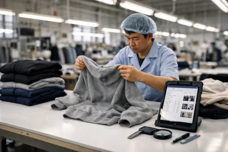Quality & QC 8 Factory inspector reviews garments on a wide table, showing a digital QC report in a professional, high-clarity environment.