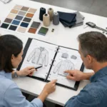 A clean, professional workspace showing a brand and supplier verifying a garment tech pack, reinforcing the importance of clear communication for apparel production.
