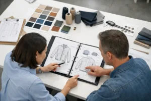 Home 43 A clean, professional workspace showing a brand and supplier verifying a garment tech pack, reinforcing the importance of clear communication for apparel production.