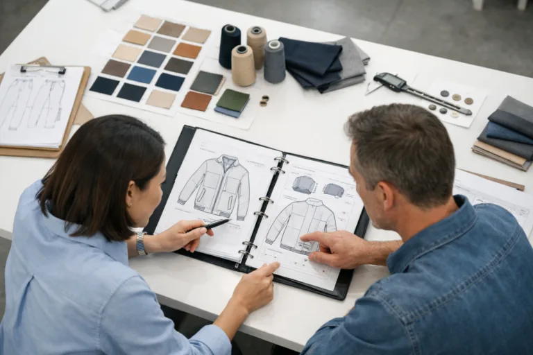 Switch Supplier 7 A clean, professional workspace showing a brand and supplier verifying a garment tech pack, reinforcing the importance of clear communication for apparel production.