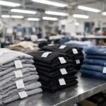 A real-life apparel factory setting showing standardized garment labels, checking fiber content and care instructions during pre-shipment QC.