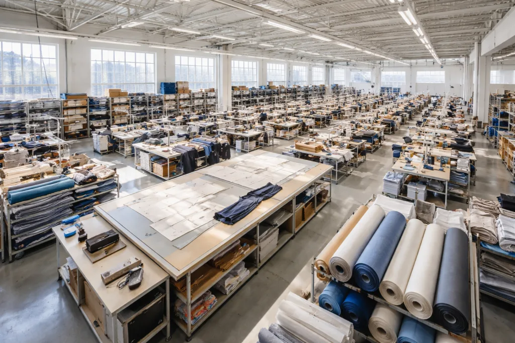 50 Must-Ask Questions (& Red Flags) Before Your First Apparel Purchase Order 13 A well-lit, organized apparel production floor, illustrating a professional manufacturer setting for planning your first PO with a clothing manufacturer.