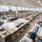 A well-lit, organized apparel production floor, illustrating a professional manufacturer setting for planning your first PO with a clothing manufacturer.