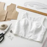This image shows essential tools for garment pattern making and a prototype cotton sample, highlighting the accuracy and logic behind the process.