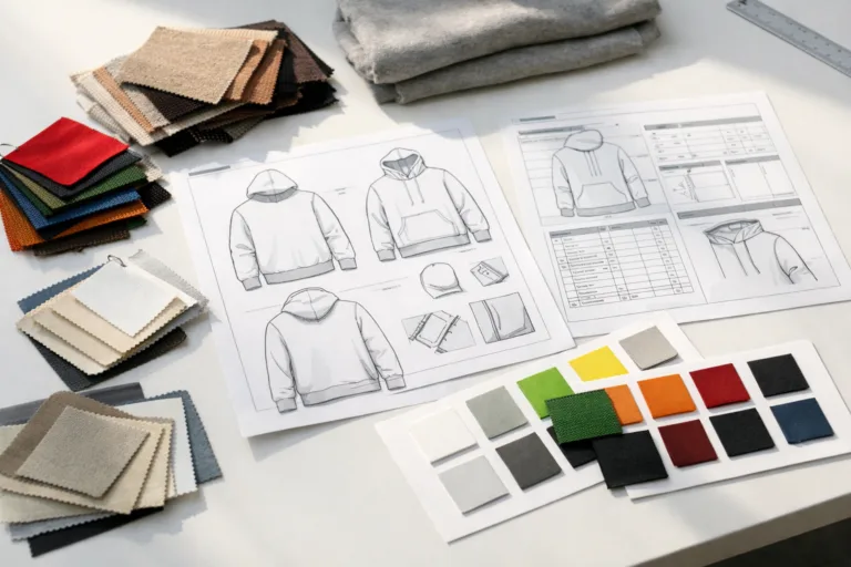 Sampling & Product Development 14 Professional workspace showing the tools and materials used in hoodie product development, demonstrating the planning and creativity required to shorten timelines.