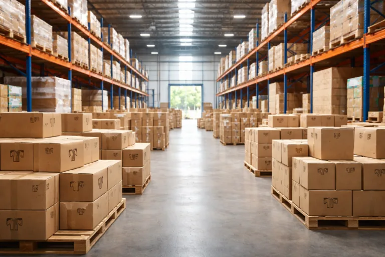 Lead Time & Delivery 8 Photo showing packed export cartons for an upcoming apparel shipment, visually representing the start of the Incoterm responsibility handover. Clean, daylight setting.