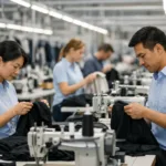 A sleek production line with inspectors checking garments at sewing stations to show inline QC in apparel manufacturing.