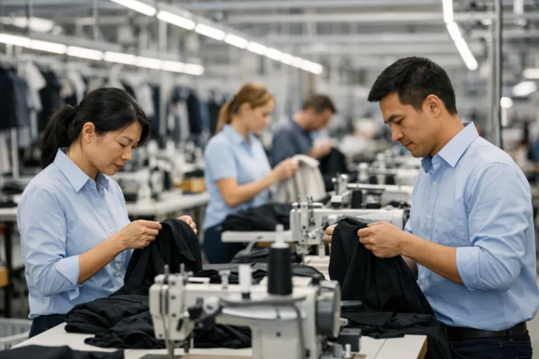 Switch Supplier 10 A sleek production line with inspectors checking garments at sewing stations to show inline QC in apparel manufacturing.