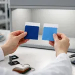 Technicians review fabric lab dips inside a color light box, illustrating the precise standards required for apparel color control.