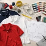 A workspace showing all stages of polo shirt development, with sample shirts and tools for pattern, fit, and color selection.