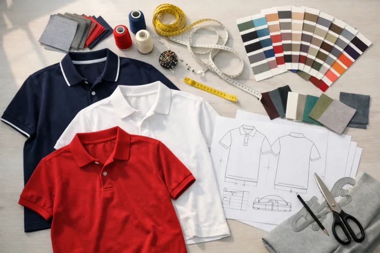 Sampling & Product Development 13 A workspace showing all stages of polo shirt development, with sample shirts and tools for pattern, fit, and color selection.
