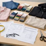 A professional production team examines clothing samples, spec sheets, and checklists as part of the pre-production sample (PPS) approval process. The image highlights the crucial preparation and order of PPS inspection.